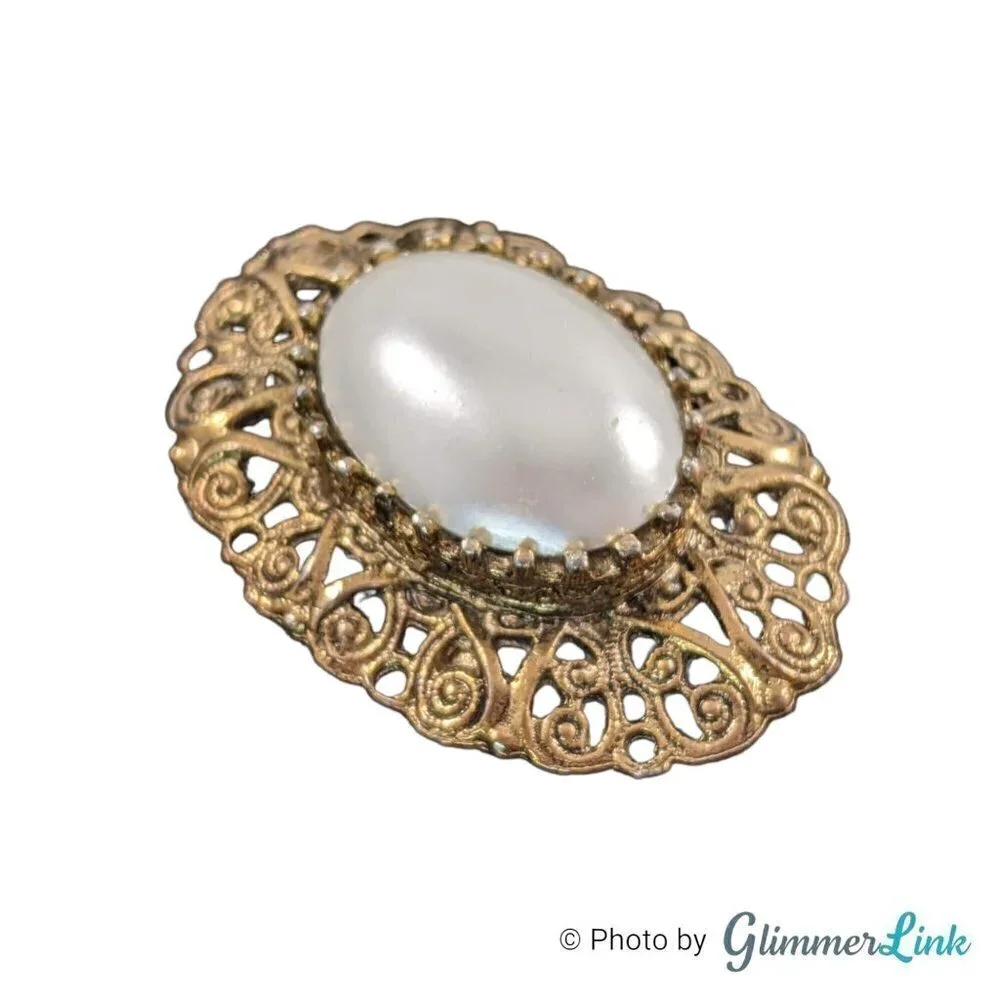Vintage Oval Large Faux Pearl Cabochon Filigree Gold Tone Brooch Pin